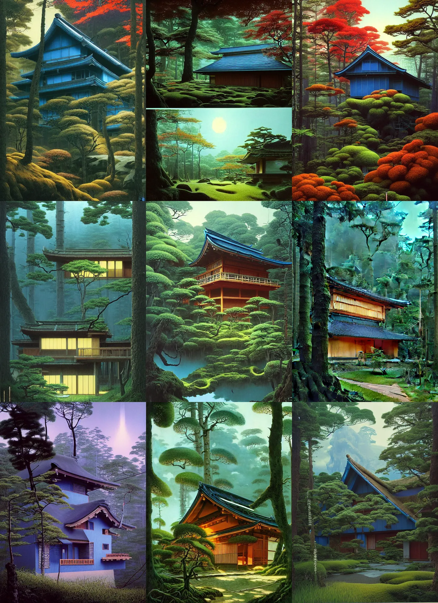 Prompt: hyper realistic japanese architecture cottage with mood lighting and tech in the woods gorgeous lighting, blue sky, highly detailed, lush forest foliage painting by zdzisław beksinski and norman rockwell and greg rutkowskiweta studio, and lucasfilm