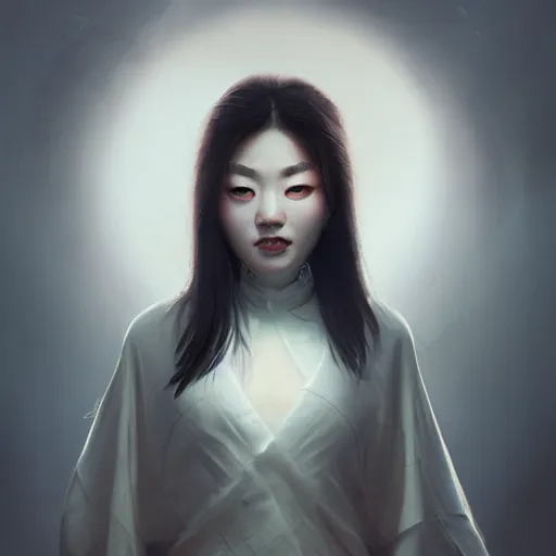 Prompt: portrait beautiful korean female, porcelain face portrait, glowing amber golden eyes, blood in teeth, raphael lacoste, eddie mendoza, alex ross, concept art, matte painting, highly detailed, rule of thirds, dynamic lighting, cinematic, detailed, denoised, centered