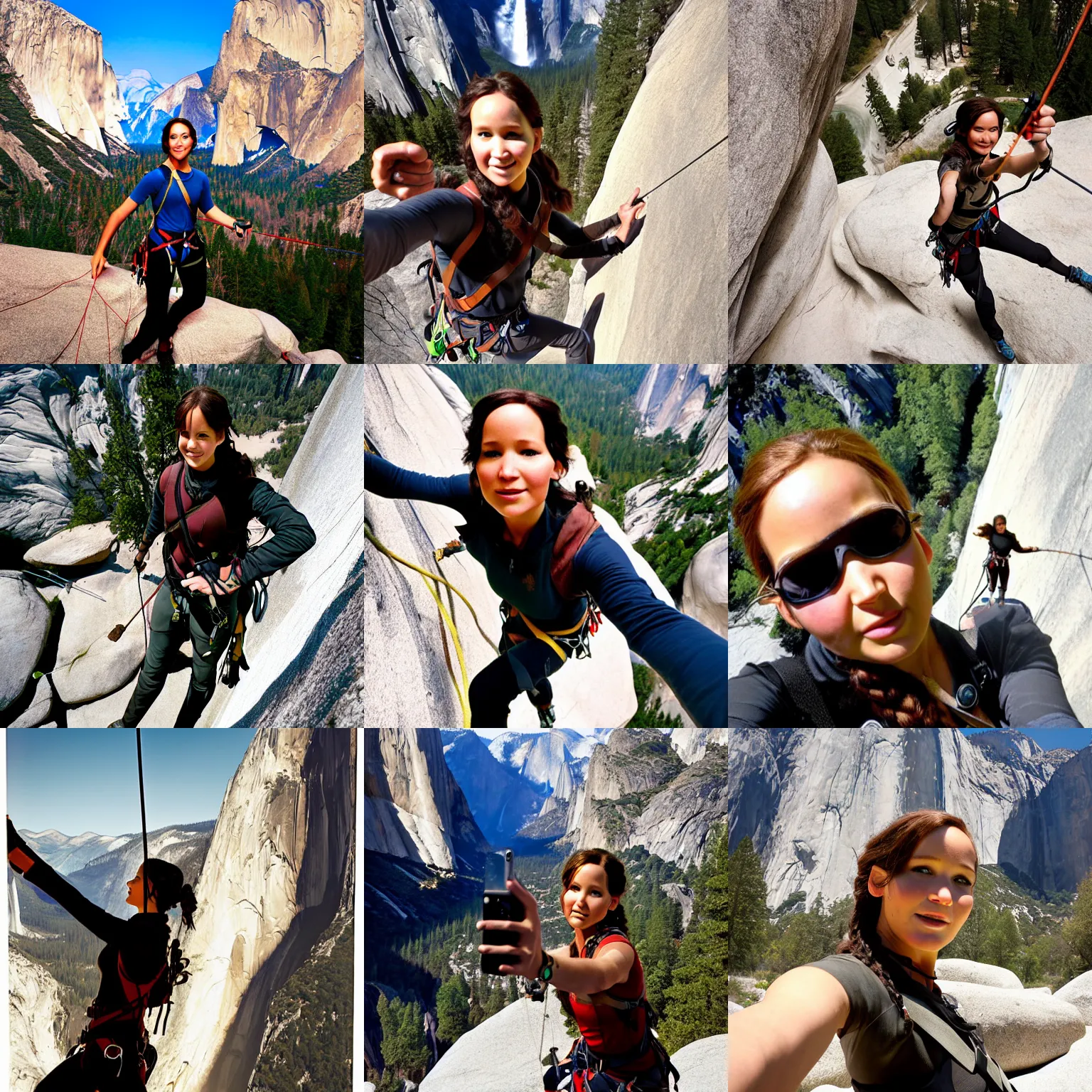 Prompt: Selfie of Katniss Everdeen while rock climbing, El Capitan, Yosemite Valley, photography by Annie Leibovitz