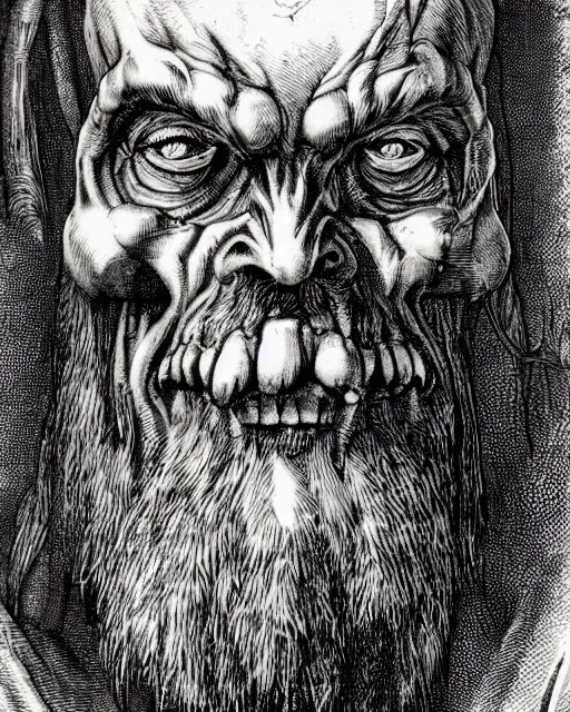 Image similar to orc, fine details, extremely detailed, black and white, very sharp, in the style of albrecht durer