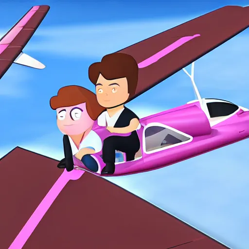 Image similar to wife Rose Quartz flying with husband handsome brunette pilot, cessna glider plane, 3d, Steven Universe style,