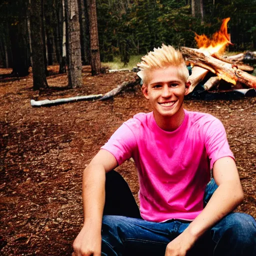 Image similar to flash photography polaroid of a young man with blonde hair sitting by a campfire nearby, smiling at the camera, wearing a pink t-shirt, retro 90s photograph, image artifacts