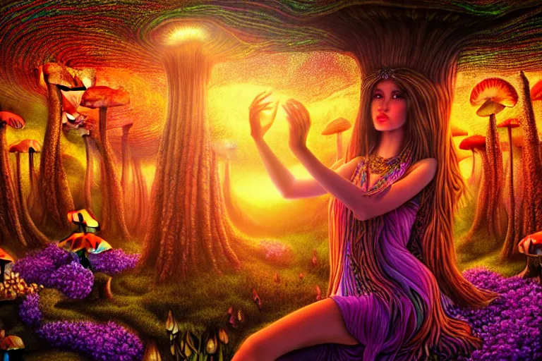 Prompt: a realistic portrait of a beautiful mushroom goddess in an enchanted psychedelic mushroom forest, at sunset,