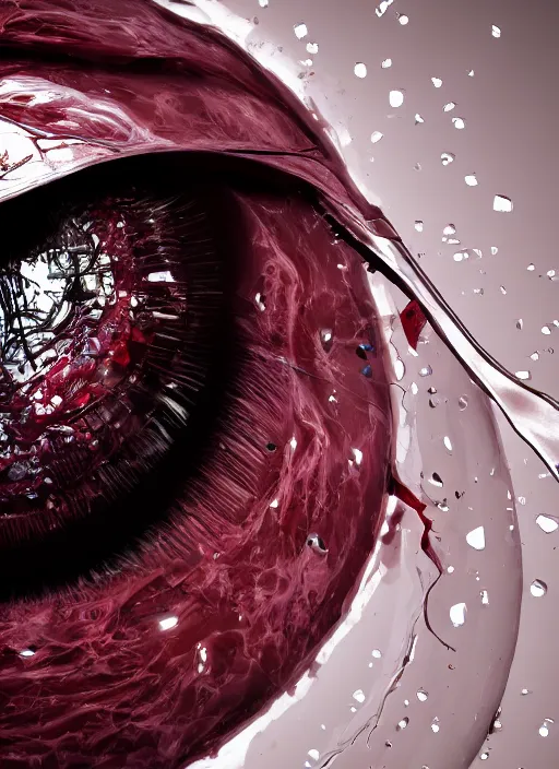 Prompt: macro photography of an isolated melting eyeball made of a translucent, semi-transparent, and crystalline material with blood fibers, nerves and muscles, black background, unreal engine, octane render, 8K, extreme detail resolution, trending on ArtStation