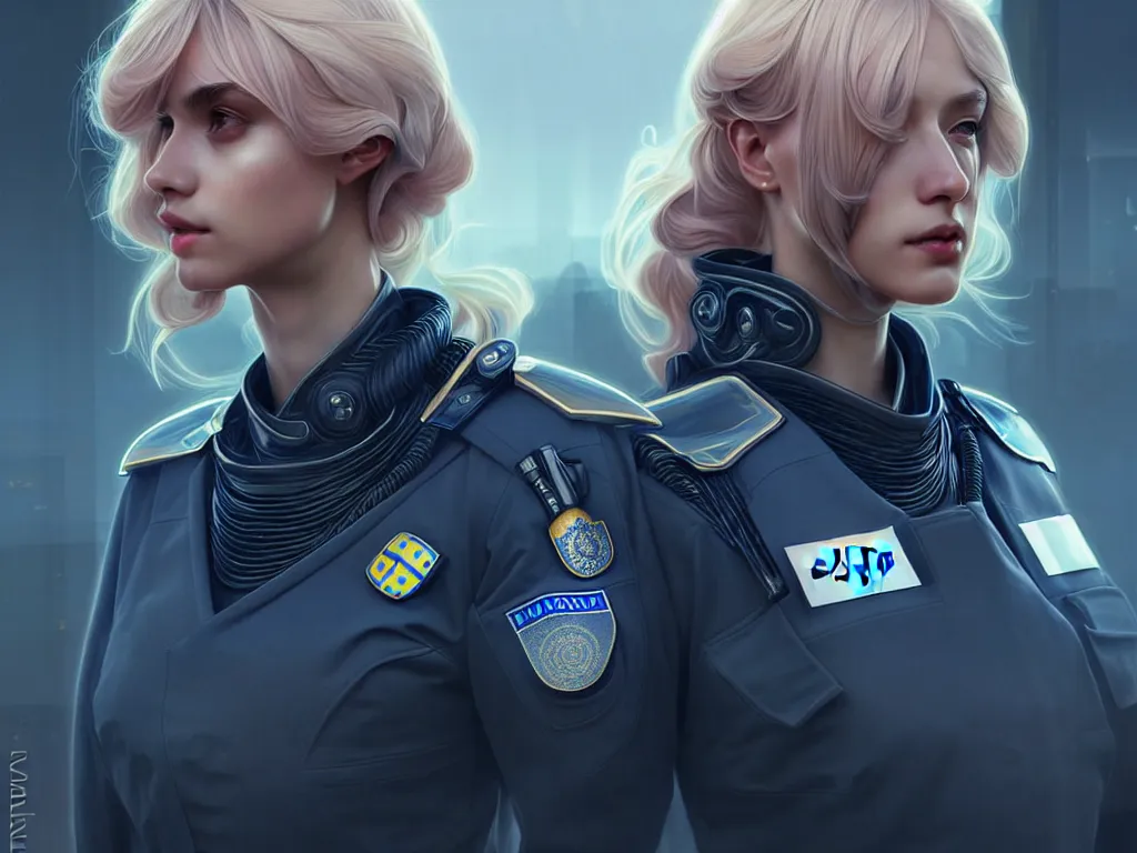 Image similar to portrait futuristic sweden police uniform female, at future neon light rooftop, ssci - fi and fantasy, intricate and very very beautiful and elegant, highly detailed, digital painting, artstation, concept art, smooth and sharp focus, illustration, art by tan zi and ayanamikodon and alphonse mucha and wlop