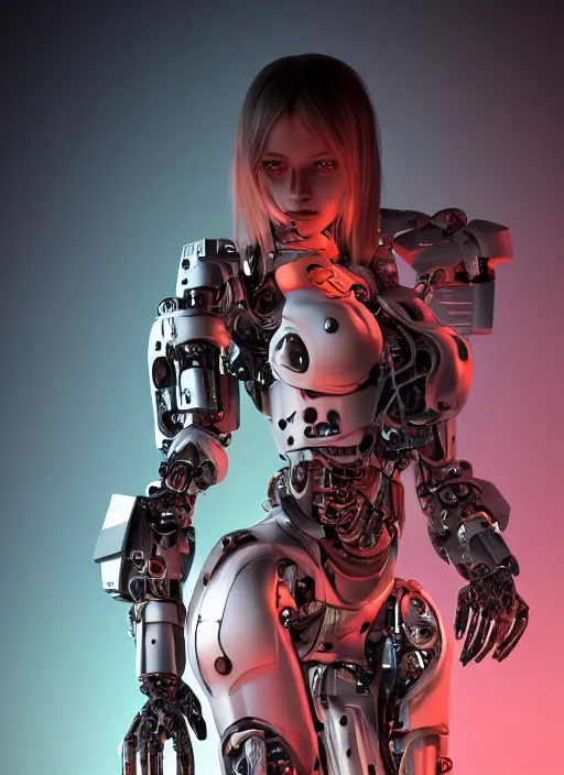 Image similar to photorealistic detailed full body picture of a female cyborg, pretty face with arms and legs, glamour pose, long hair, neon lights, humanoid, extreme, uhdr, book called the most influental cyborg in 2 0 5 0, fine details, highly detailed, intricate, smooth sharp focus, symmetrical features, environmental portrait, realistic render