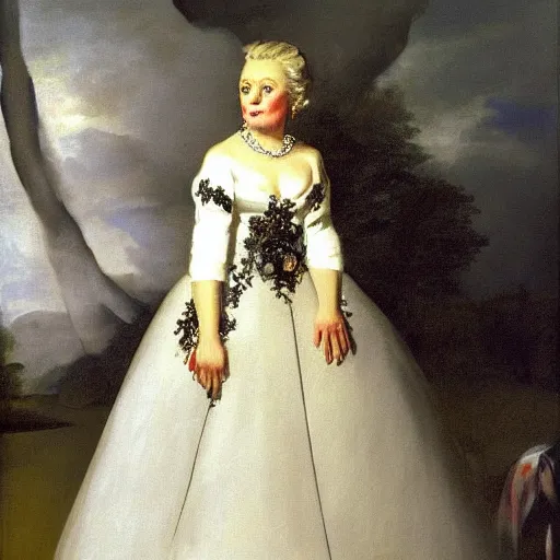 Image similar to very very beautiful surreal painting of hillary clinton wearing jewels and a white christian dior dress, painted by francisco goya