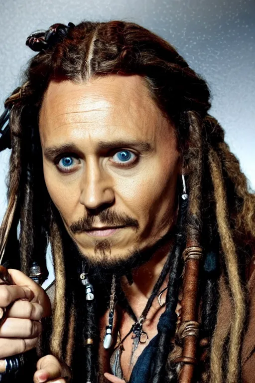 Image similar to Tom Hiddleston as Jack Sparrow, promo shoot, studio lighting