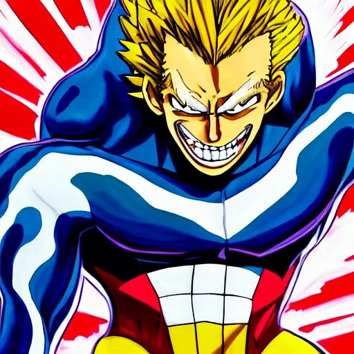 Image similar to an oil painting of a all might from my hero academia by artgerm, hero costume, middle ages, hd, hdr, ue 5, ue 6, unreal engine 5, third dimensional, cinematic 4 k wallpaper, 8 k, ultra detailed, gta 5 cover art, comic book black lines, high resolution, artstation, award winning