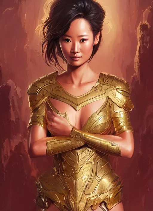 Image similar to jamie chung goddess of wealth, golden armour, elegant, highly detailed, digital painting, art station, concept art, smooth, sharp focus, illustration, art by artgerm and greg rutkowski