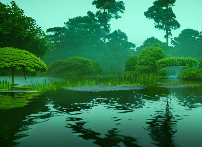 Image similar to a tadpole in a pond, vaporwave, foresty background. raining, 15mm. in the style of studio ghibli, Very detailed 8k. Sharp. Cinematic post-processing. Unreal engine. Nanite. Ray tracing. Parallax. Tessellation