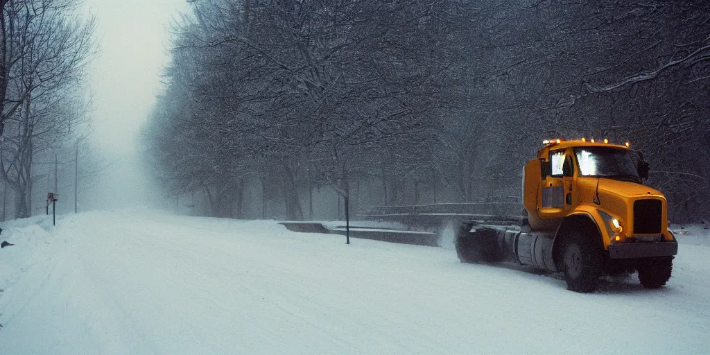 Image similar to photo, big snow plow truck is in the distance with a bright headlighta. cold color temperature, snow storm. hazy atmosphere. humidity haze. kodak ektachrome, greenish expired film, award winning, low contrast,