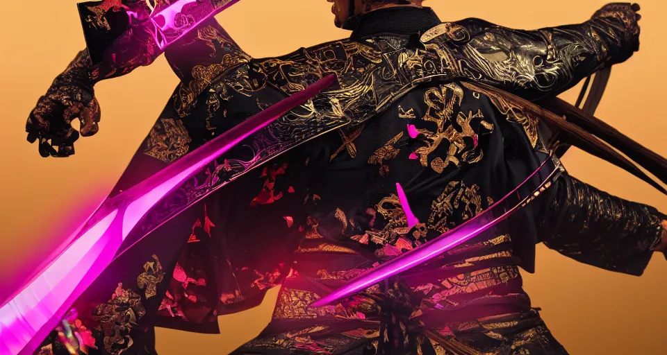 Image similar to a beautiful photo of a samurai warrior in a dynamic pose, black and pink and gold colors, high detail, glimmering samurai sword in 3d perspective deep rich colors, iridescent radiance, epic scale ultrawide angle, stunning, epic, great migration, cinematic, Artstation trending, octane render, hyperrealistic, Cryengine 8k UHD