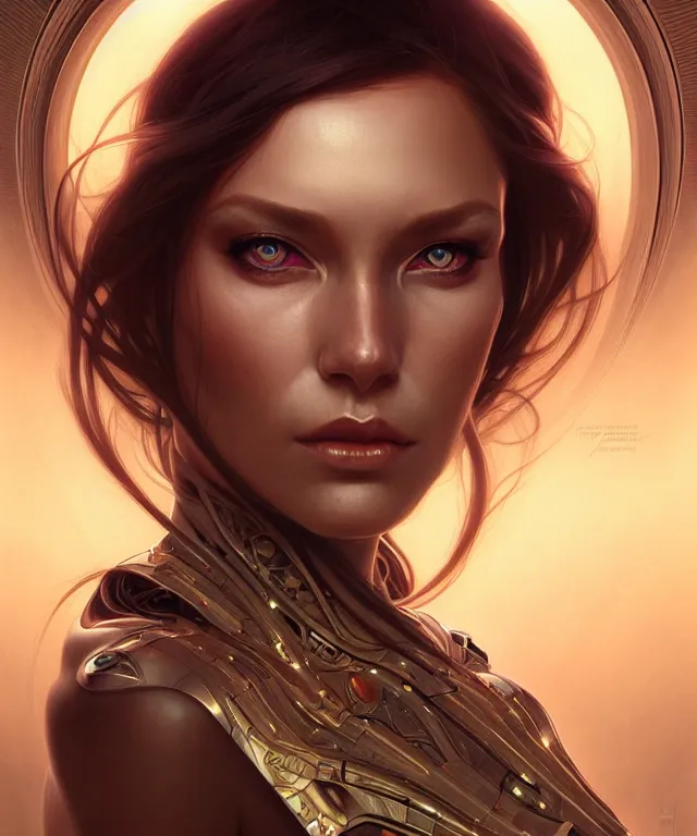 Image similar to futuristic woman portrait, sci-fi, amber eyes, face, long hair, fantasy, intricate, elegant, highly detailed, digital painting, artstation, concept art, smooth, sharp focus, illustration, art by artgerm and greg rutkowski and alphonse mucha