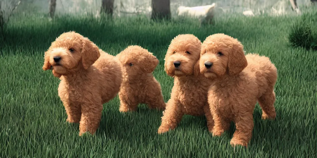 Image similar to adorable goldendoodle puppies and dogs, pixar render, brilliant style by Artstation, Artstation Trending, cgsociety, high quality, very coherent, ultra realism, high definition, post processing, unreal engine, 8k, high resolution, octane render, high contrast, 4k UHD, photographic, digital art, artstation,