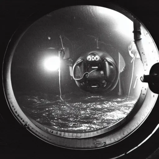 Image similar to an old black and white photo of a nightmarish sea monster seen through the porthole of a submarine, underwater, creepy, scary, dark,