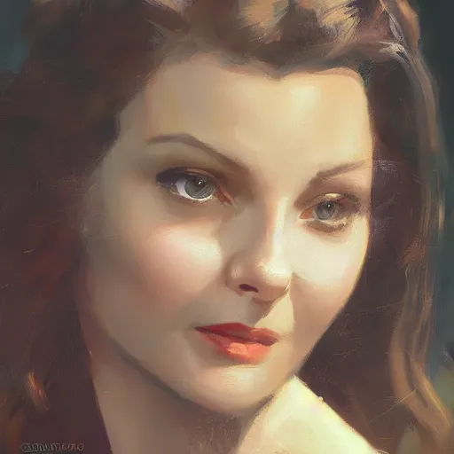 Prompt: closeup portrait of a young vivian leigh, seductive smile, chiaroscuro, city background, golden hour, dramatic lighting, warm cold contrast, high detail, painted by greg rutkowski, painted by igor kieryluk, trending on artstation