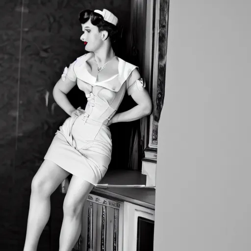 Prompt: female Emmanuel Macron dressed as a 1950 pinup woman, 50mm photography, high quality, 4K