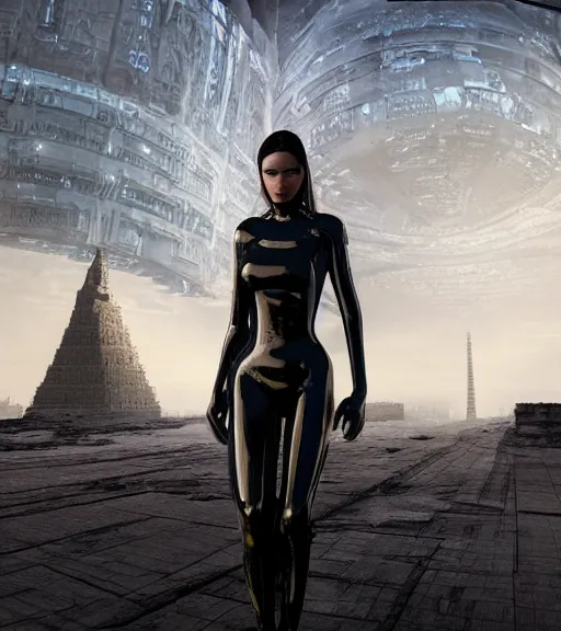 Image similar to tarkovsky's greatest scene, the ancient destroyed majestic tower of babylon, woman in gantz suit pro, futuristic cyber clothing, transparent puffer jacket, hyperrealistic, blockchain, cyber world, ambient lighting, concept art, intricate suit, hyper detailed, smooth, dynamic volumetric lighting, octane, ray trace, cinematic, high quality, cgsociety