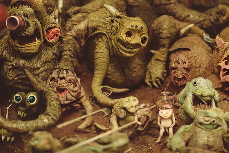 Image similar to autochrome photo of vintage disgusting brown Boglins, plastic goblin monster toys in sewer, kaiju, oni, realistic