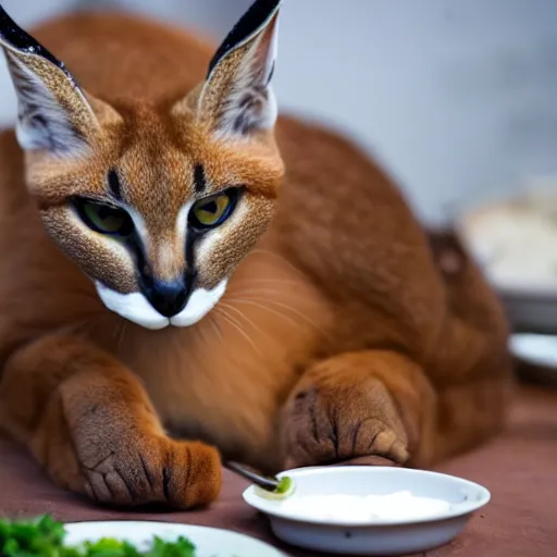 Image similar to Caracal cat eats dumplings