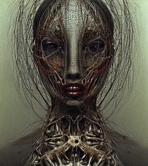 Prompt: beautiful portrait of face of biomechanical woman by zdislaw beksinski, beautiful, masterpiece, award - winning, complex