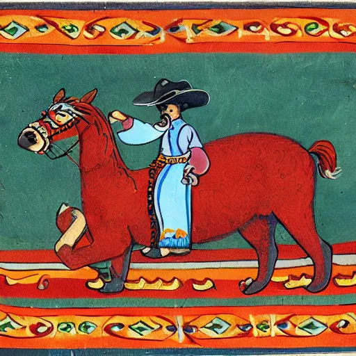 Image similar to mustachioed mexican vaquero sitting, persian folktale artstyle