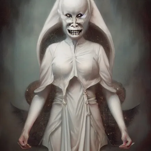 Prompt: by tom bagshaw, ultra realist soft painting of anime universe of curiosities, single dollpunk ghost mutation wearing a full body gothic robe, partial symmetry accurate features, very intricate details, focus, curvy, award winning, ultra dense fog