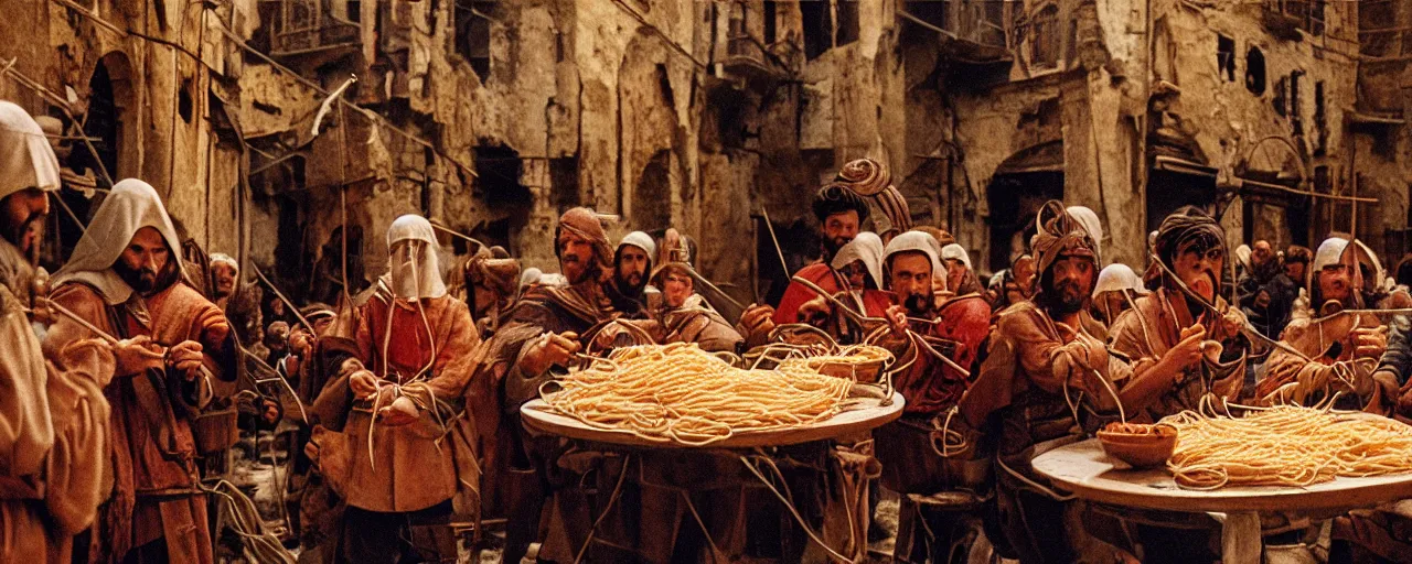 Image similar to eating spaghetti during the seige of constantinople, 7 0 0 ad, small details, intricate, 5 0 mm, cinematic lighting, photography, wes anderson, film, kodachrome