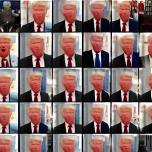 Image similar to CCTV footage of an entire room filled with Donald Trump clones staring at the camera, creepy, nightvision, screencapture