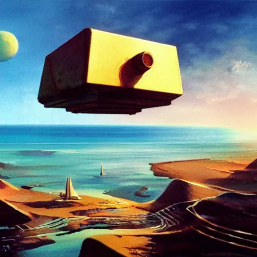 Prompt: beautiful matte painting of golden shores of a blue dreamy ocean, scientific codex cube floating above the ocean, sci - fi, daylight, blue sky, cinematic lighting, cinematic perspective, syd mead, john harris, federico pelat