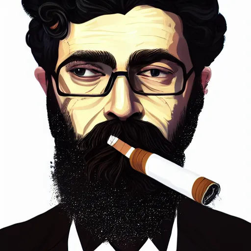 Image similar to Disco Elysium portrait of a man with a beard, he is smoking a cigarette