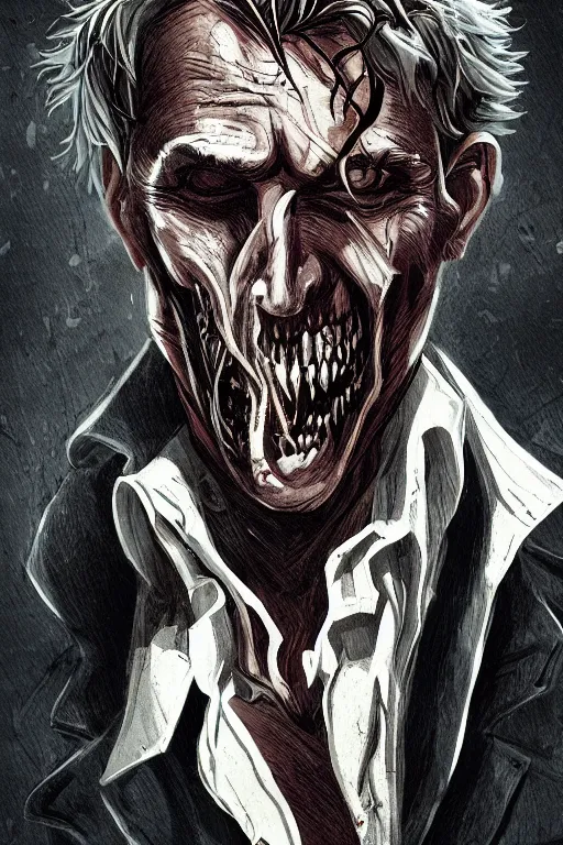 Image similar to john constantine in sleepy hollow, full body, big two toned eyes, teeth gritted, horror, intricate details, cinematic, epic, realistic, anatomy, tomer hanuka, uplight, artstation, photorealistic, scary