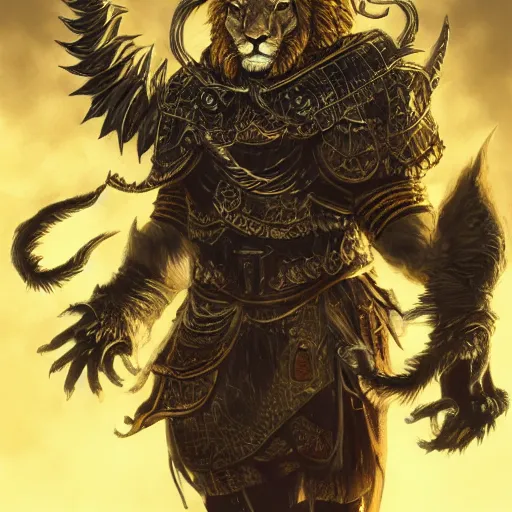 Image similar to Lion, Anthropomorphized, as warlord general on skull throne, magic the gathering artwork, D&D, fantasy, cinematic lighting, centered, symmetrical, highly detailed, digital painting, artstation, concept art, smooth, sharp focus, illustration, volumetric lighting, epic Composition, 8k, art by Akihiko Yoshida and Greg Rutkowski and Craig Mullins, heroic pose, oil painting, cgsociety, Battlefield background, explosions, arrows