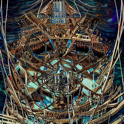 Prompt: a ghost ship, style blend of Burning Man, Neo-Andean architecture, cyberpunk, and The Vatican, depicted in a mixed style of Möbius, Masamune Shirow, Rafael, neoclassical paintings, and Shepard Fairey, Extremely fine ink lineart