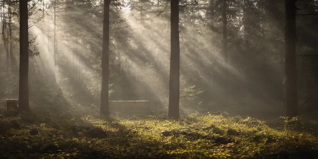 Image similar to The Grand Budapest Hotel in the woods, lost place photo, sunrays, mystic, mist, volumetric lights, wilderness, dirt, dramatic, cinematic, 8K, award winning photo