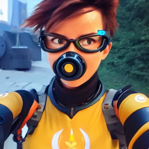 Image similar to tracer from overwatch wearing googles smartphone selfie