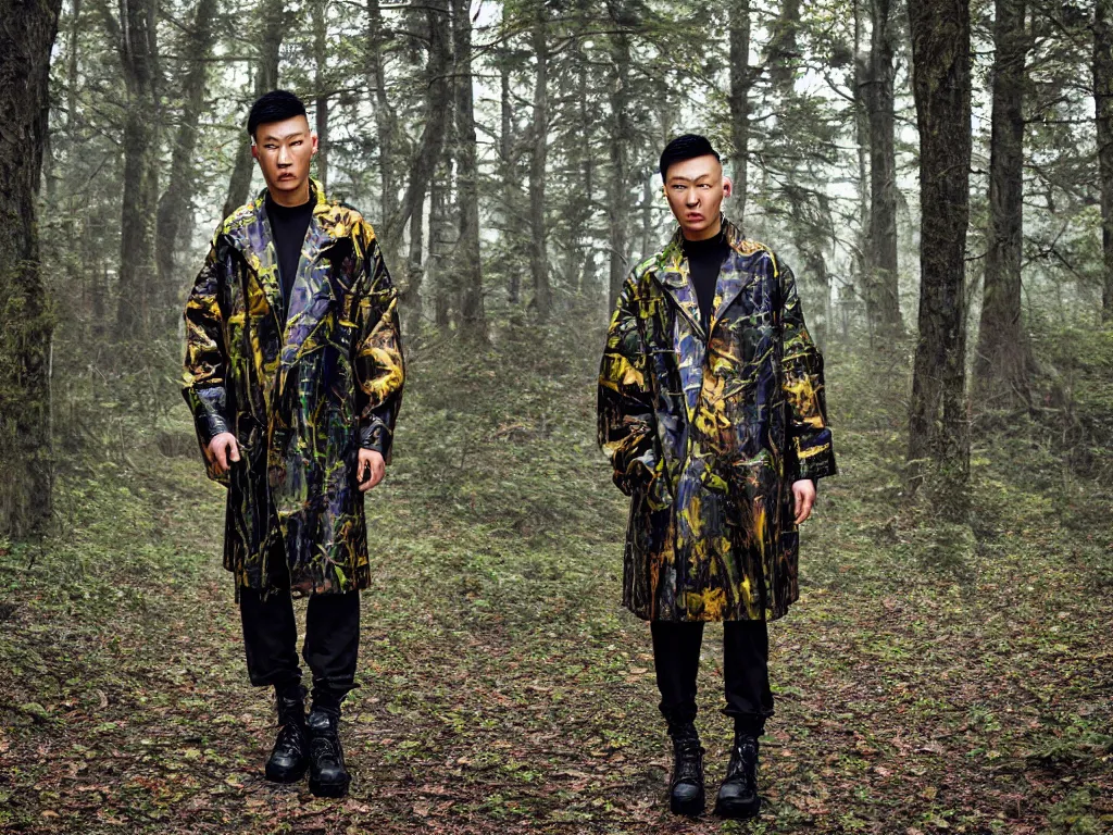 Prompt: versace avant garde male super oversized jacket arctic camouflage necklace textiles streetwear cyberpunk buff fit japanese asian man shaved head in the woods overcast late evening dramatic professional color 8 k hdr