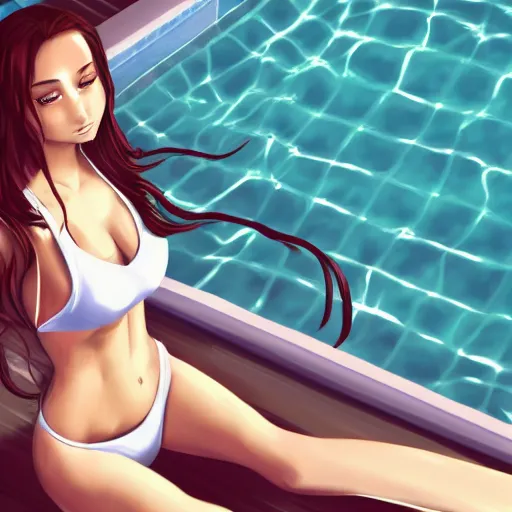 Image similar to a girl wearing a business swimsuit, she is near a swimming pool, anime art, digital painting, smooth, hd, elegant