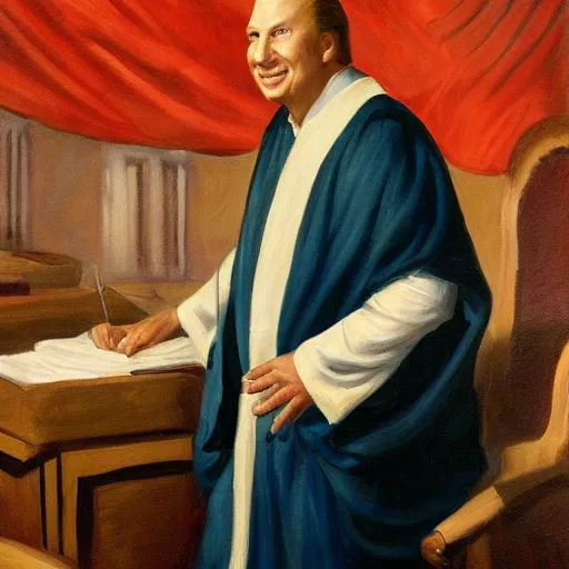 Prompt: a portrait of L Ron Hubbard as a roman senator in the senate, wearing a flowing toga, dignified, historical, oil on canvas