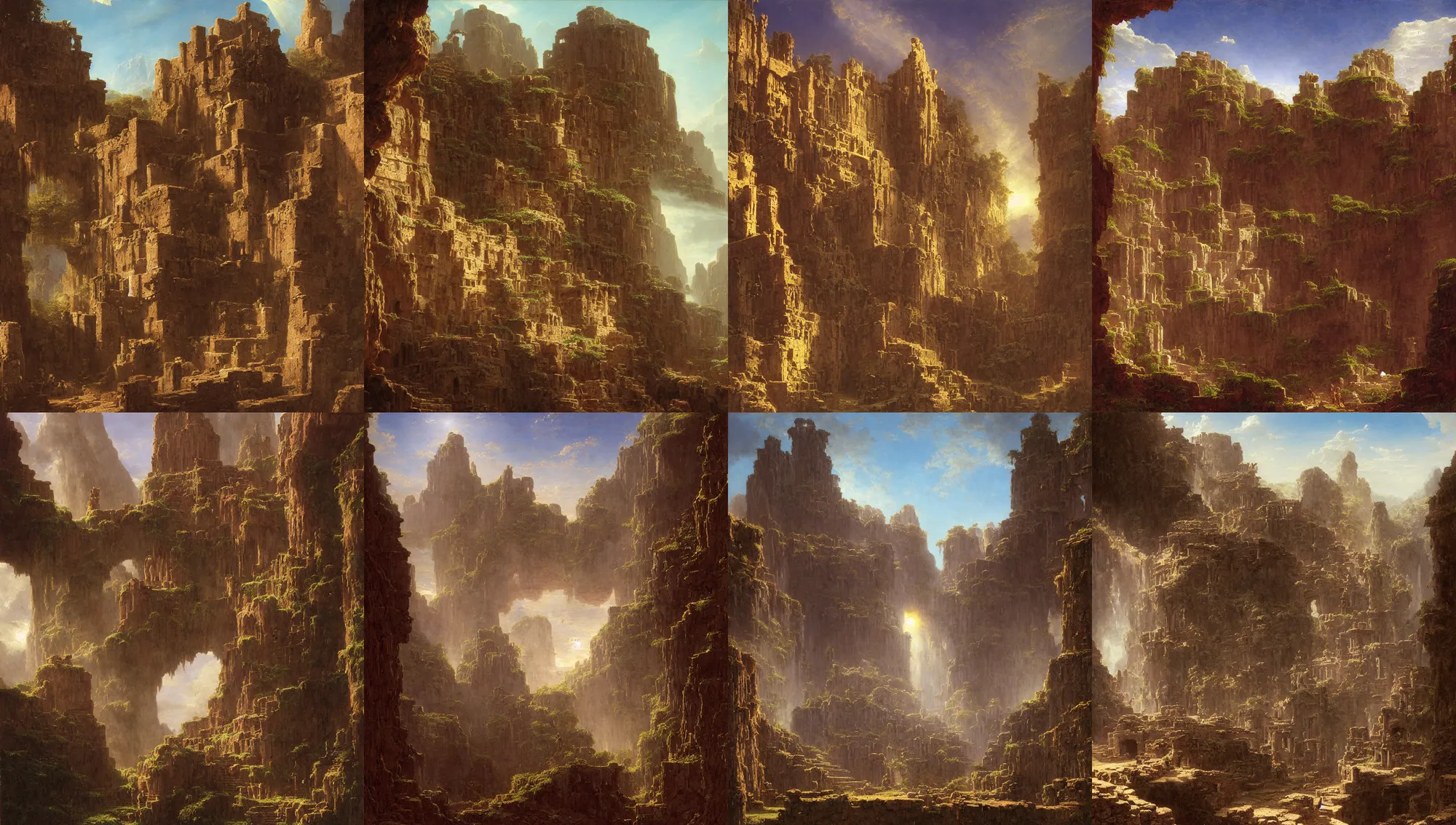 Image similar to aztec ruins built on the walls of a cave by jorge jacinto, albert bierstadt, jim burns, edwin church, frederic thomas cole, brown durand, asher david friedrich, caspar james gurney, johnson heade, martin raphael lacoste, ted nasmith, andreas rocha, christophe vacher, mystical, fantasy, rays of sun light, atmospheric lighting