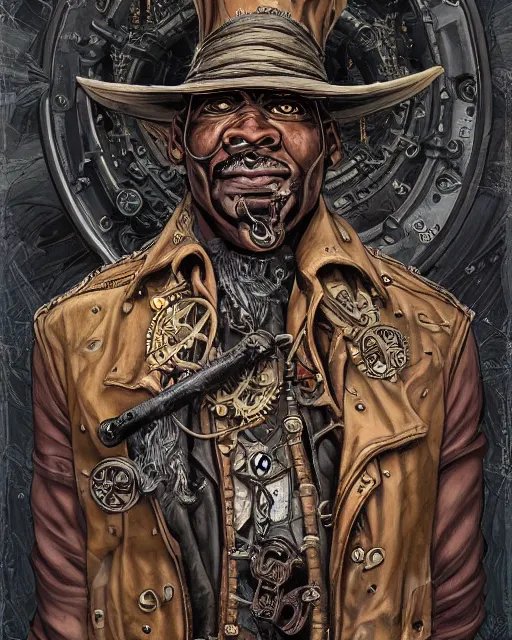 Image similar to a detailed portrait illustration of a steampunk witch - doctor. rugged black male face. fat, muscular. art nouveau, pop art, comic book style. influenced by neil gaiman, h. p. lovecraft, dan mumford, boris vallejo, vadim voitekhovitch, killian eng, ross tran.