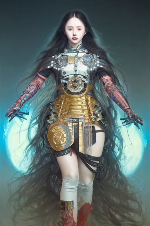 Image similar to full body painting of olivia hye loona cyberpunk samurai smiling, ultra realistic, concept art, intricate details, eerie, highly detailed, photorealistic, octane render, 8 k, unreal engine. art by artgerm and greg rutkowski and magali villeneuve and alphonse mucha