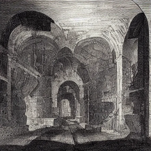 Prompt: an isometric etching of a medieval dungeon, carceri d'invenzione, by giovanni battista piranesi, volumetric lighting, isometric