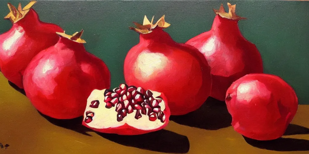 Image similar to pomegranates on the table, oil paint