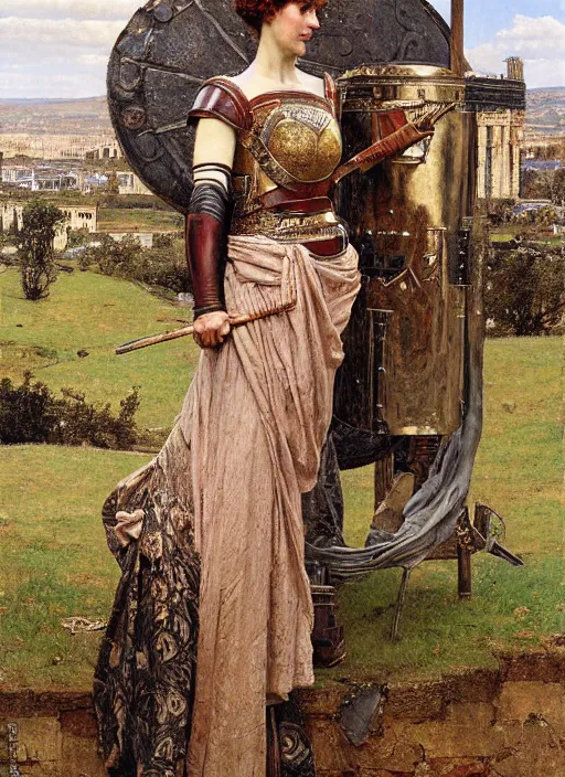 Prompt: portrait of helen of troy in armour outside the city walls, by lawrence alma tadema and rick berry and norman rockwell