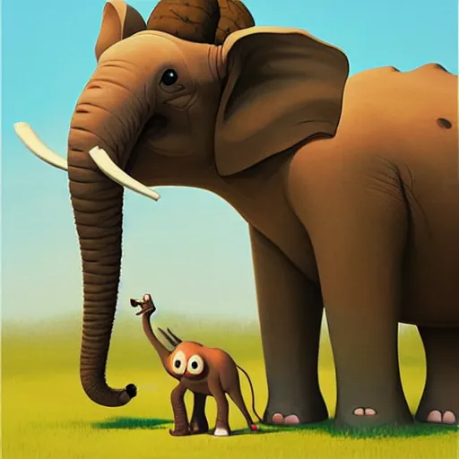 Image similar to cute elephant playing wiht a giraffe, artwork by goro fujita,