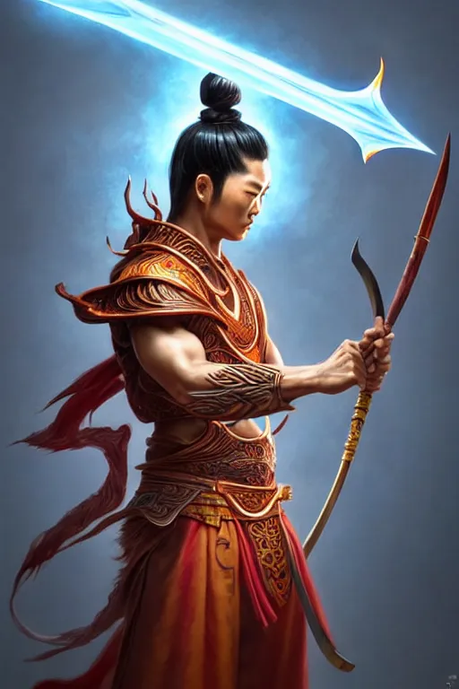 Image similar to handsome nezha, highly detailed, man holding spear, flame everywhere, epic pose, masterpiece chinese fantasy character portrait, highly detailed, digital painting, trending on artstation, concept art, sharp focus, illustration, global illumination, ray tracing, realistic shaded, art by artgerm and greg rutkowski and fuji choko and viktoria gavrilenko and hoang lap