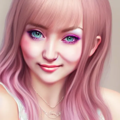 Image similar to beautiful hyperrealism hyperdetailed portrait of nikki from shining nikki dress - up game, a cute young woman, light pink hair, long hair with full bangs, full heart - shaped face, amber eyes, pale skin, light blush, chinese heritage,, smiling softly, golden hour, soft focus, 8 k,