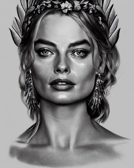 Image similar to realism tattoo sketch of margot robbie as a beautiful greek goddess aphrodite with piercing eyes wearing a laurel wreath and triangle earrings, in the style of greg rutkowski, amazing detail